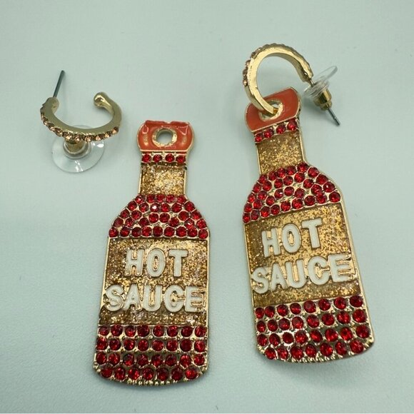 Hot Sauce Bottle Statement Earrings Red and Gold Sparkly Rhinestones - Picture 8 of 9